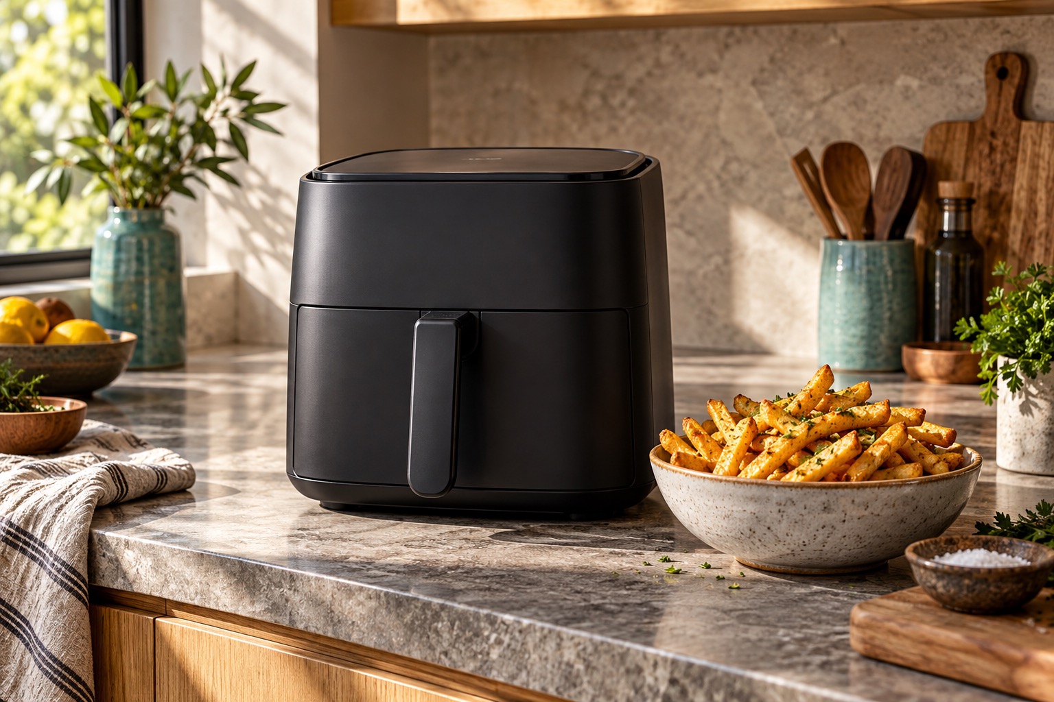 Conceptual composition of an air fryer in a kitchen.