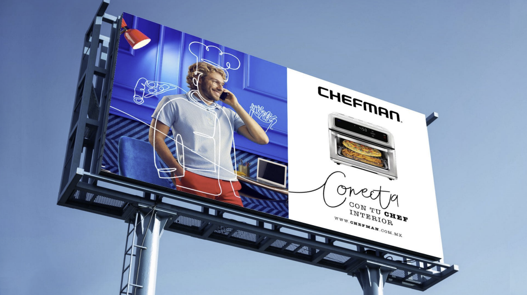Anuncio de Chefman en un espectacular con horno y concepto creativo de la marca.